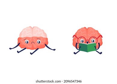 Brain character reading book. Prevention of Alzheimer's disease and dementia. Smart cartoon healthy human brain. Intelligence and learning. Stock vector illustration isolated on white background.