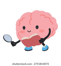 brain character reading a book and using a magnifying glass representing curiosity research learning and knowledge discovery