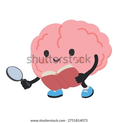 brain character reading a book and using a magnifying glass representing curiosity research learning and knowledge discovery