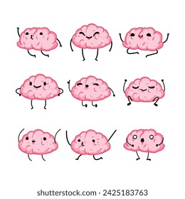 dibujo animado del juego de personajes del cerebro. mascota de la idea, etiqueta engomada del cómic, signo divertido del personaje del cerebro del genio. ilustración vectorial del símbolo aislado