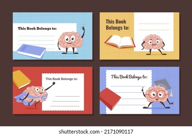 Brain character sticker book belongs to school label for notebook collection vector illustration. Personal educational label planner tag empty blank with strong happy clever knowledge childish mascot