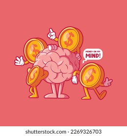 Brain character surrounded by coins vector illustration. Finance, money, learning design concepts.