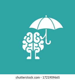 personaje cerebral con icono del paraguas. Intelecto, fisicología, conocimiento simple pictograma aislado en azul. ilustración vectorial plana. Logo de la creativa trenzada cerebral. Proteger la salud mental