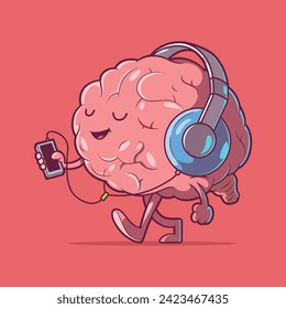 Brain character using headphones vector illustration. Music, imagination design concept.