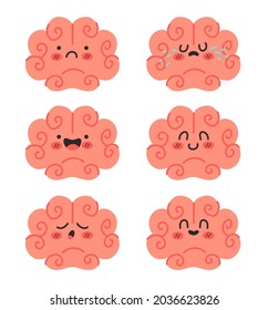 Brain characters cartoon mood with different emotions isolated set