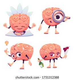 Brain characters, cute cartoon mascot with funny face meditating in lotus pose, have creative idea, dating and look in magnifying glass. Relaxed, happy, curious emotions. isolated vector icons set