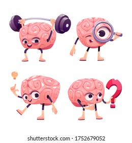 Brain characters, cute cartoon mascot with funny face exercising with barbell, look in loupe, have great idea, hold question mark. Happy, smiling emotions. Vector illustration, isolated icons set