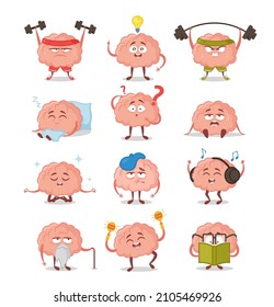 Brain Characters, Cute Cartoon Mascot With Funny Face Listen Music in Headset, Reading Book, Sports Workout, Sleeping, Headache. Sad, Happy, Smiling Emotions. Vector Illustration, Isolated Icons Set