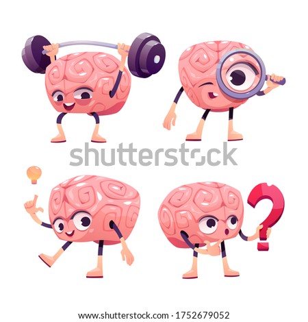 Brain characters, cute cartoon mascot with funny face exercising with barbell, look in loupe, have great idea, hold question mark. Happy, smiling emotions. Vector illustration, isolated icons set
