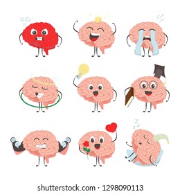 Brain characters making sport exercises and different activities design