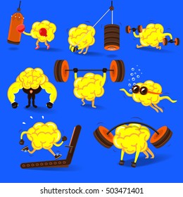 Brain charactor vector design fitness for smart brain with dumbbell. Illustrate Set