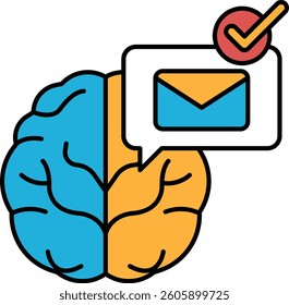 A brain with a check mark on it and an envelope next to it. The brain is blue and yellow