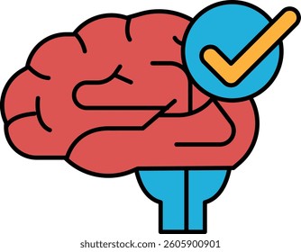 A brain with a check mark on it. The brain is red and blue