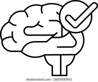 A brain with a check mark on it. The check mark is on the right side of the brain