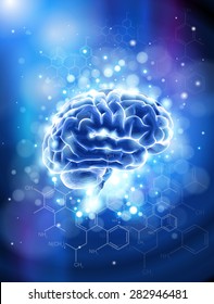Brain & chemical formulas - blue technology concept / vector illustration / eps10