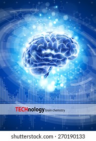 brain, chemical formulas & lights - blue technology concept / vector illustration / eps10
