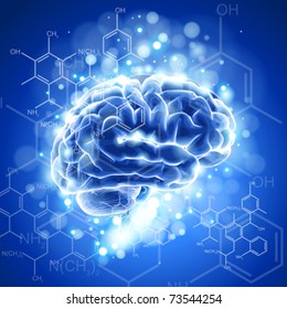 brain, chemical formulas &  lights - blue technology concept