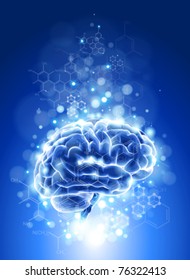 Brain, Chemical Formulas &  Lights - Blue Technology Concept