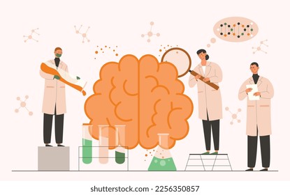 Brain chemistry concept. Men and woman with magnifying glass doing research in laboratory. Chemistry and biology, science and experiment. Doctors research DNA. Cartoon flat vector illustration