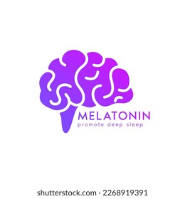 Química cerebral. La melatonina promueve el sueño profundo. Diseño del icono del logo púrpura del cerebro aislado en fondo blanco. Feliz concepto de químicos. Para usar la aplicación web móvil, imprimir medios. EPS10 vectores.