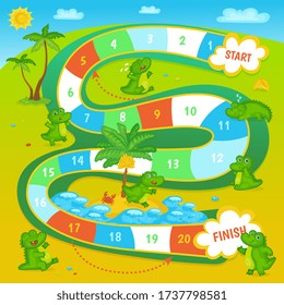 Brain children game maze or labyrinth with funny crocodile character on summer jungle background, flat vector illustration. Mock up of childrens puzzle educational game.