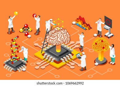 Brain with chip, artificial intelligence and human science research. Isometric images can use for web banner, infographics, hero images. Flat isometric vector illustration.