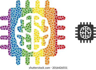 Brain chip collage icon of spheric dots in variable sizes and rainbow colored color hues. A dotted LGBT-colored brain chip for lesbians, gays, bisexuals, and transgenders.