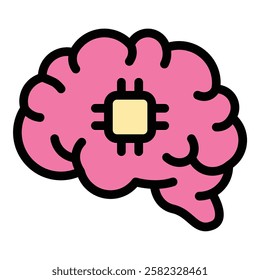 Brain Chip Implant Icon Neural Technology in Flat Line Color Style