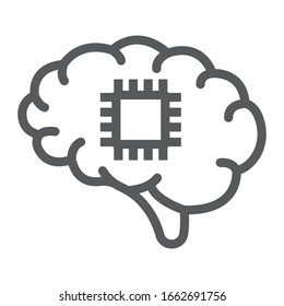 Cerebro con icono de línea de chip, tecnología y cerebro, signo de neurochip, gráficos vectoriales, un patrón lineal en un fondo blanco, pasos 10
