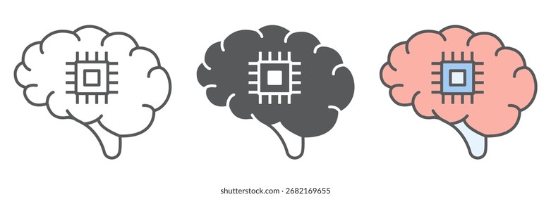 Cerebro con icono de línea de chip, tecnología y cerebro, signo de neurochip, gráficos de Vector, un patrón lineal sobre un fondo blanco, eps 10