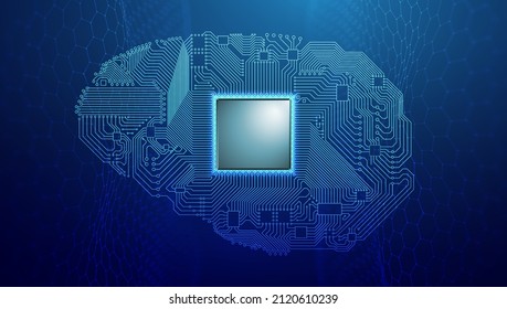 Brain circuit board blue technology illustration. Artificial intelligence human brain circuit. Big data and data science.