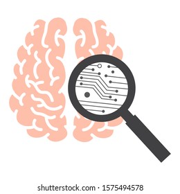 brain, circuit board and magnifying glass. vector illustration