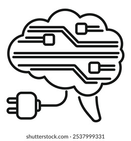 Brain with a circuit board pattern is being powered up by an electric plug, symbolizing artificial intelligence