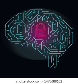 Brain with circuit board texture. Digital concept. The brain in an electronic circuit with an electronic chip