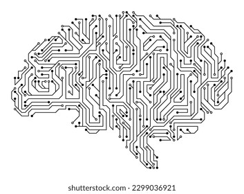 Brain with circuit board texture. Digital concept. Circuit board computer style brain. Stylized mind technology. Artificial intelligence in Brain shape