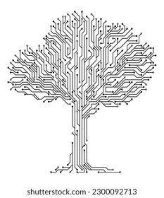 Brain with circuit board texture. Digital concept. Circuit board computer style brain. Stylized mind technology. Artificial intelligence in Tree shape