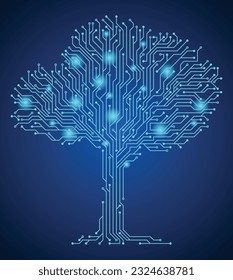 Brain with circuit board texture. Digital concept. Circuit board computer style brain. Stylized mind technology. Artificial intelligence in Tree shape