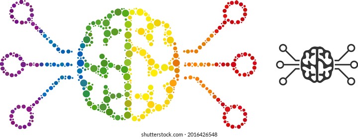 Brain circuit collage icon of filled circles in different sizes and rainbow colored color tints. A dotted LGBT-colored brain circuit for lesbians, gays, bisexuals, and transgenders.