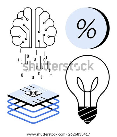 Brain circuit with flowing binary code, percentage symbol, light bulb, and layered microchip. Ideal for technology, AI, data analysis, innovation, digital transformation, tech education, software