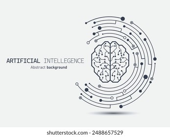 Brain circuit icon on crescent-shaped circuit board. Futuristic artificial intelligence abstract background. Large data processing, database concept. Vector illustration for web and template.