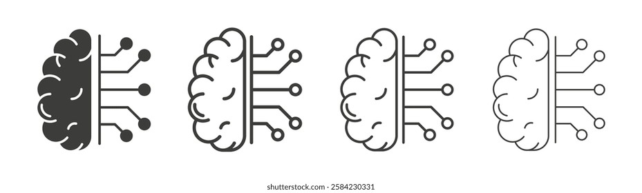 Brain circuit icons set. Liner outlined and flat black color