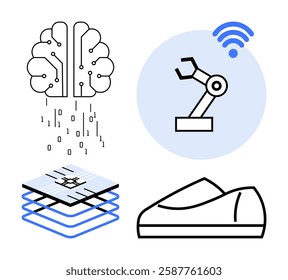 Brain with circuits, robotic arm with wireless, microchip with layers, and smart shoe. Ideal for AI innovations, robotics, IoT applications, microchip development, smart wearables, tech advancements