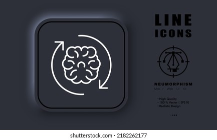 Brain with circular arrows line icon. Creative, philosophy, think, thought, process, mental activity, human. Thinking concept. Neomorphism style. Vector line icon for Business and Advertising.