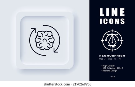 Brain with circular arrows line icon. Creative idea, philosophy, thought, think, knowledge, wisdom, education, innovation, strategy. Thinking concept. Neomorphism style. Vector line icon for Business.