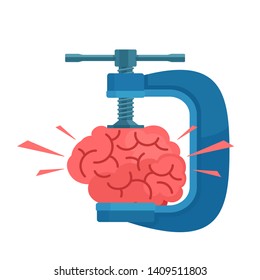 The Brain Is Clamped. Headache, Stress, Tension Concept. Brainstorming Concept. Vector Illustration, Isolated White Background. Flat Cartoon Style.