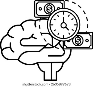 A brain with a clock and money on it