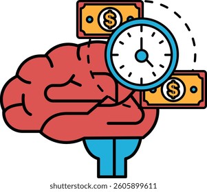 A brain with a clock and money on it. The brain is red and the clock is blue. The money is yellow. The image is about the importance of time and money