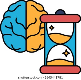 A brain and a clock are shown side by side. The brain is blue and yellow, and the clock is red and white. Concept of time and the importance of using it wisely