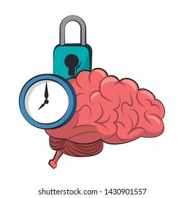 Brain and clock time with padlock cartoons vector illustration graphic design