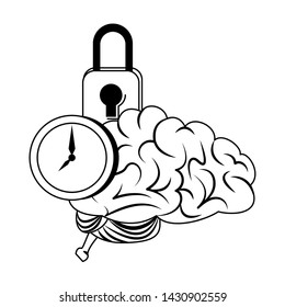 Brain and clock time with padlock cartoons vector illustration graphic design